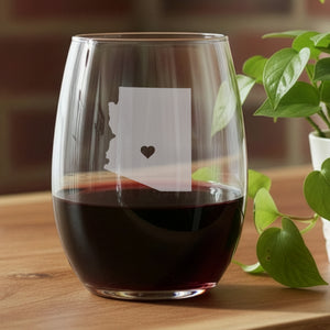 State Outline with Heart (Custom Location) Stemless Wine Glass