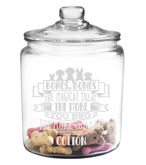 Bones, Bones The Magical Treat The More You Beg The More You Eat  Etched Treat Jar with Glass Lid