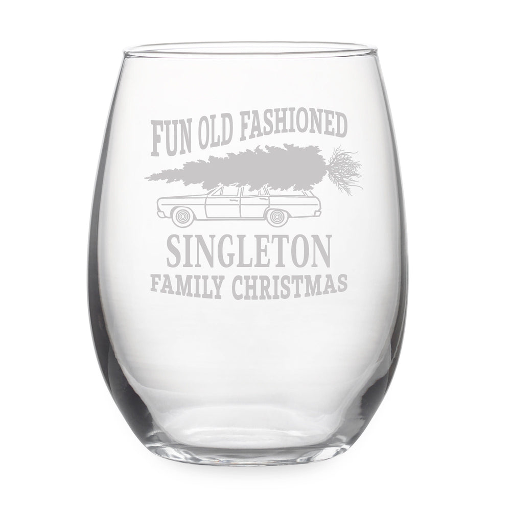 Fun Old Fashioned Family Christmas (Personalized) Etched Stemless Wine Glass