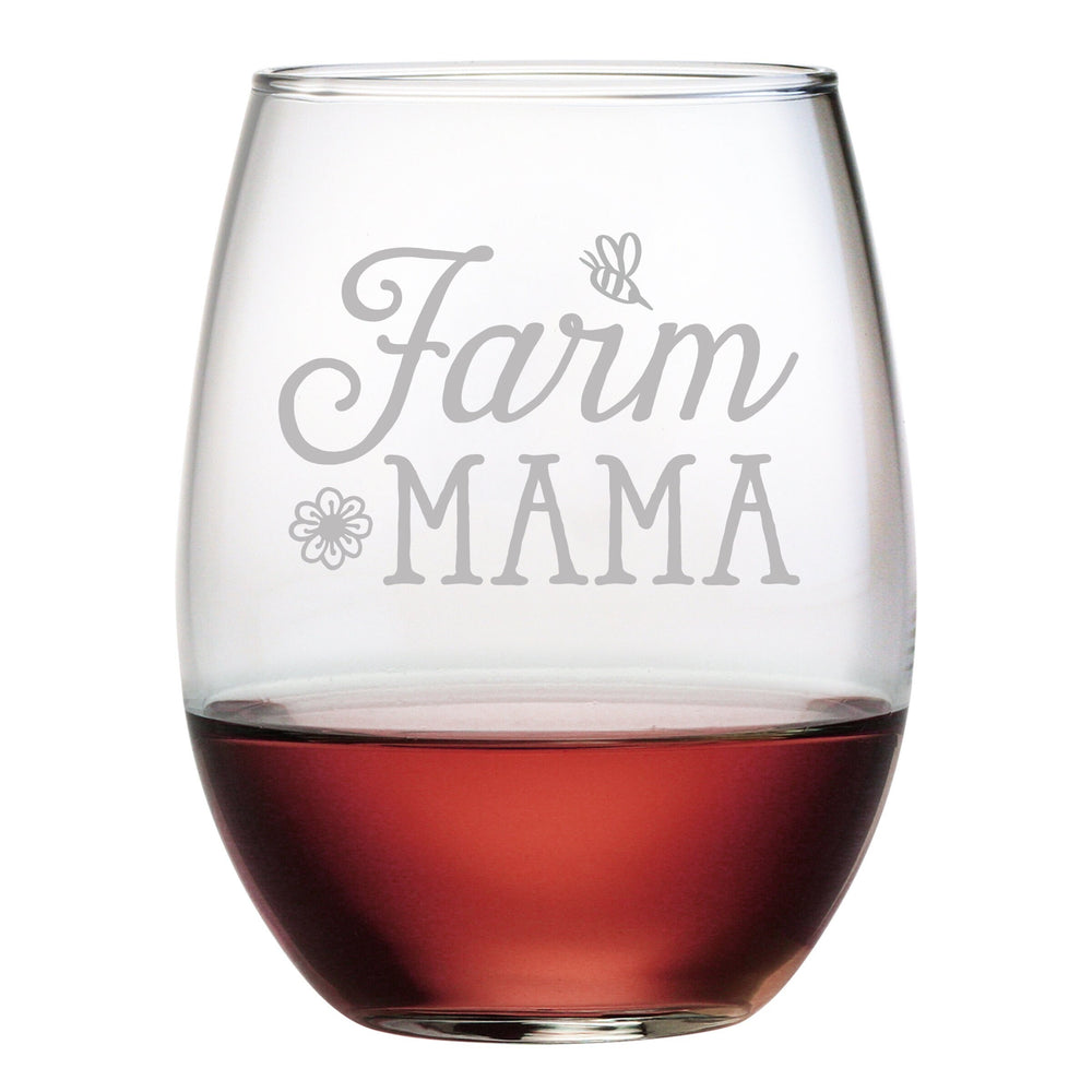 Farm Mama Etched Stemless Wine Glass
