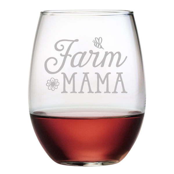 Farm Mama Etched Stemless Wine Glass