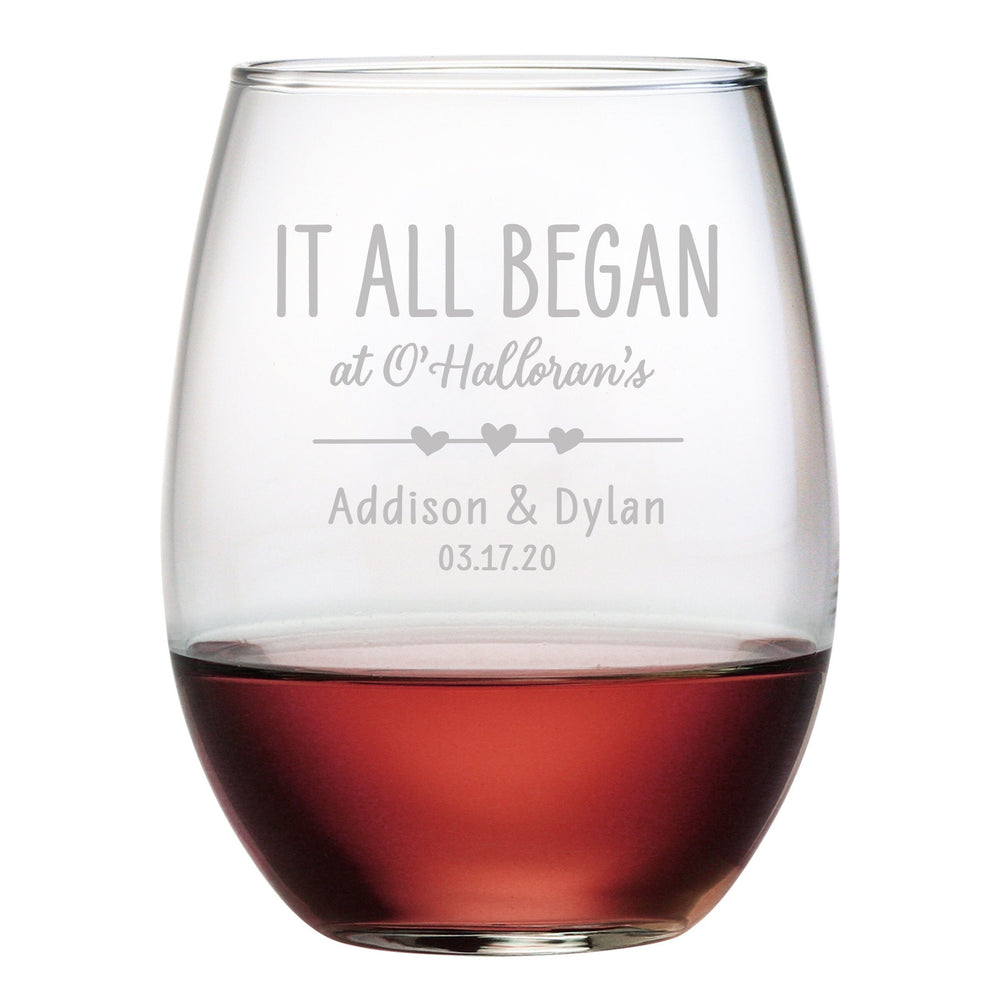 It All Began (Personalized) Etched Stemless Wine Glass