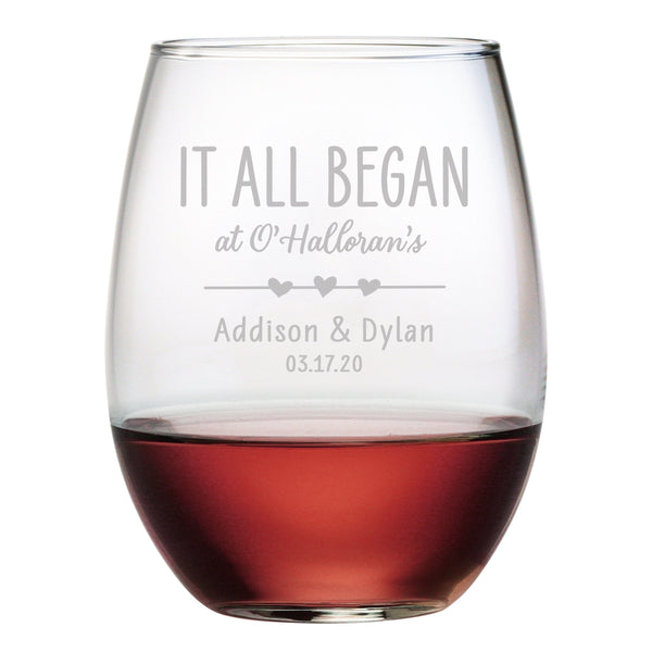 It All Began (Personalized) Etched Stemless Wine Glass