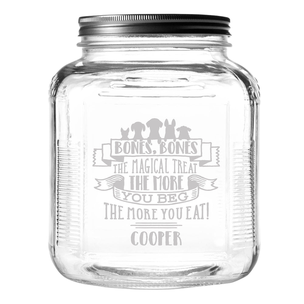 Bones, Bones The Magical Treat The More You Beg The More You Eat Etched Treat Jar with Screw Top Lid