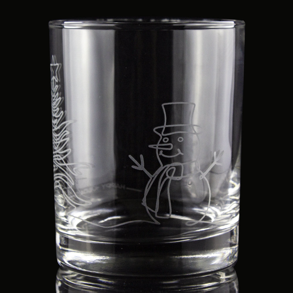 Abstract Snowman & Christmas Tree Etched Rocks Glass