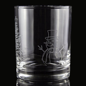 Abstract Snowman & Christmas Tree Etched Rocks Glass