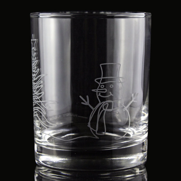 Abstract Snowman & Christmas Tree Etched Rocks Glass