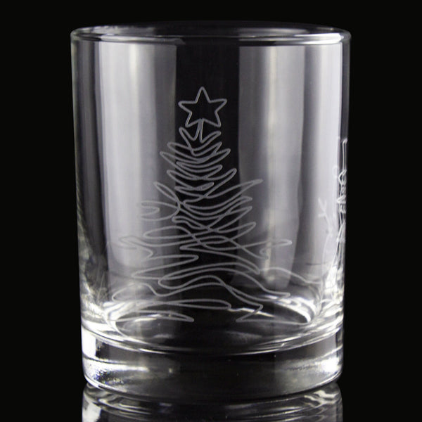 Abstract Snowman & Christmas Tree Etched Rocks Glass