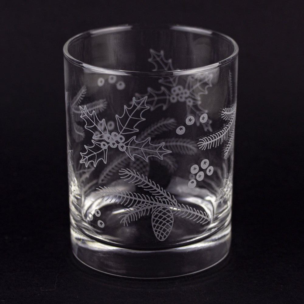 Holly & Pine Wrap Etched Rocks Glass