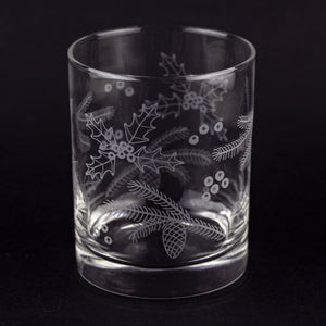 Holly & Pine Wrap Etched Rocks Glass