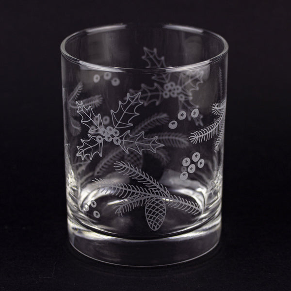 Holly & Pine Wrap Etched Rocks Glass
