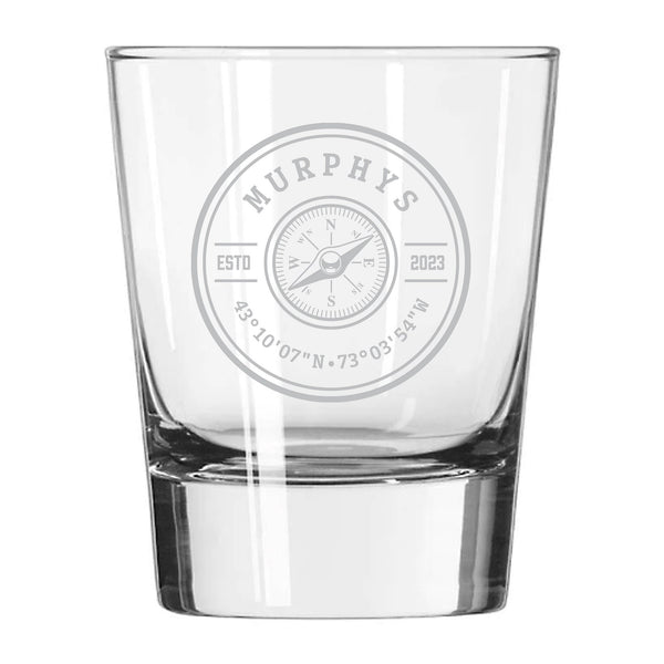 Circle Compass Lat Long (Personalized) Etched Rocks Glass