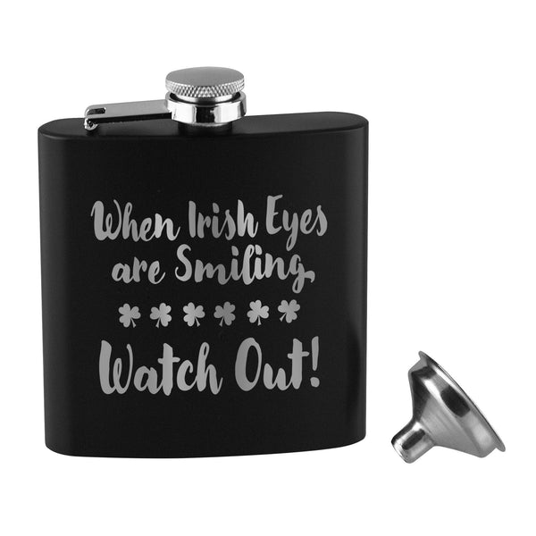 When Irish Eyes Are Smiling, Watch Out! Matte Black Flask Set with Black Box