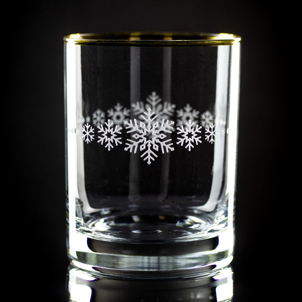 Snowflake Band Two-Sided Etched Gold-Rimmed Rocks Glass