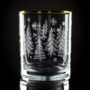 Winter Trees Wrap Etched Gold-Rimmed Rocks Glass