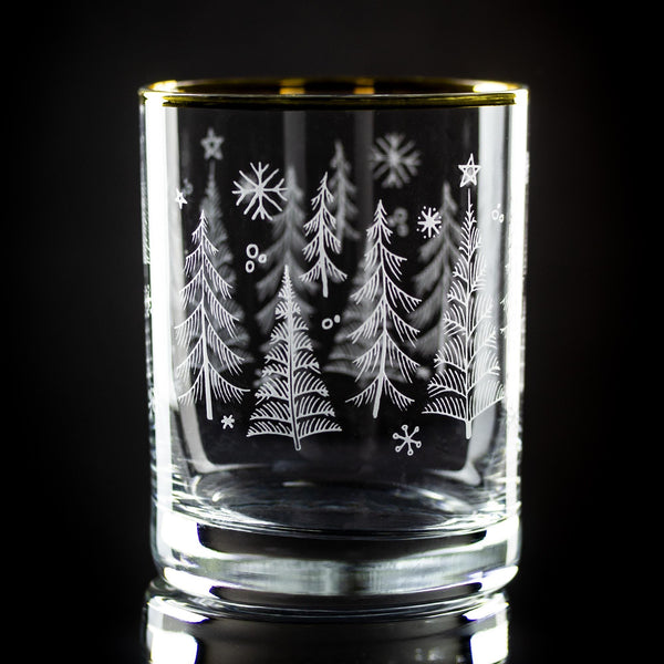 Winter Trees Wrap Etched Gold-Rimmed Rocks Glass