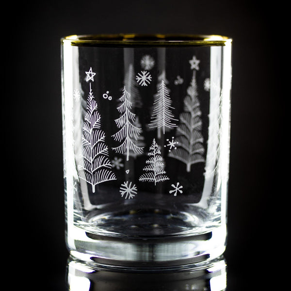 Winter Trees Wrap Etched Gold-Rimmed Rocks Glass