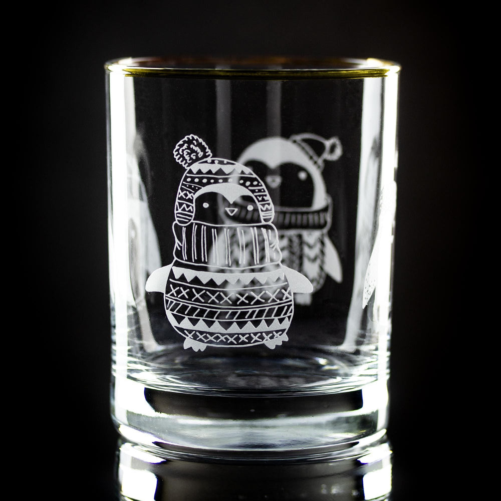 Whimsical Penguins Wrap Etched Gold-Rimmed Rocks Glass