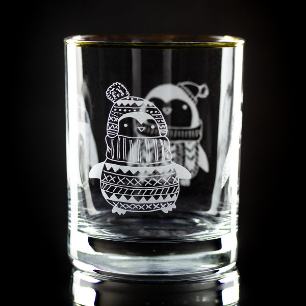 Whimsical Penguins Wrap Etched Gold-Rimmed Rocks Glass