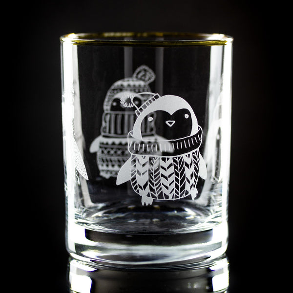 Whimsical Penguins Wrap Etched Gold-Rimmed Rocks Glass