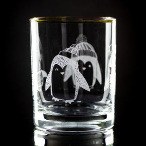 Whimsical Penguins Wrap Etched Gold-Rimmed Rocks Glass