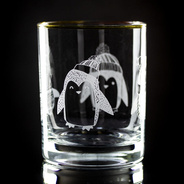 Whimsical Penguins Wrap Etched Gold-Rimmed Rocks Glass