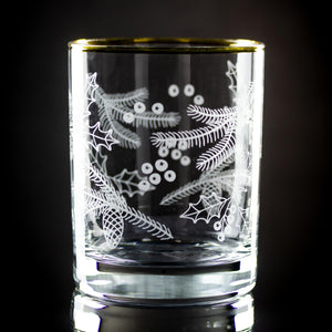 Holly & Pine Wrap Etched Gold-Rimmed Rocks Glass