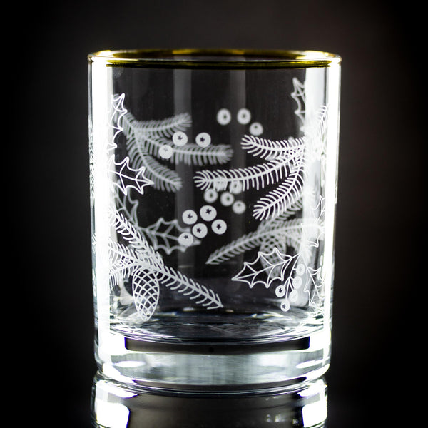 Holly & Pine Wrap Etched Gold-Rimmed Rocks Glass