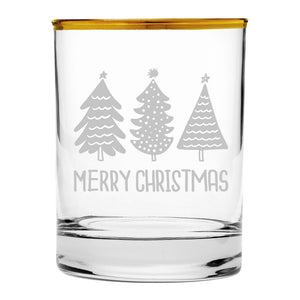 Merry Christmas Trees Etched Gold-Rimmed Rocks Glass
