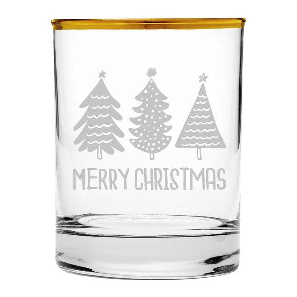 Merry Christmas Trees Etched Gold-Rimmed Rocks Glass