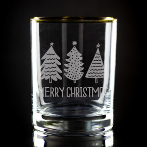 Merry Christmas Trees Etched Gold-Rimmed Rocks Glass