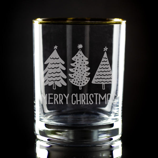 Merry Christmas Trees Etched Gold-Rimmed Rocks Glass