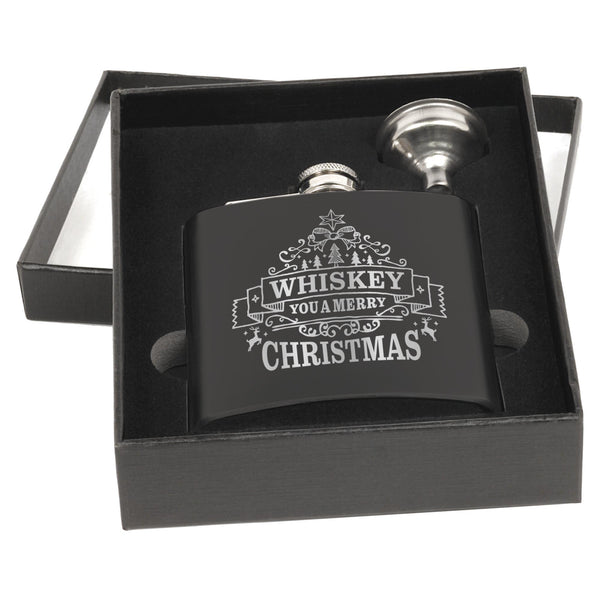 Whiskey You a Merry Christmas Matte Black Flask Set