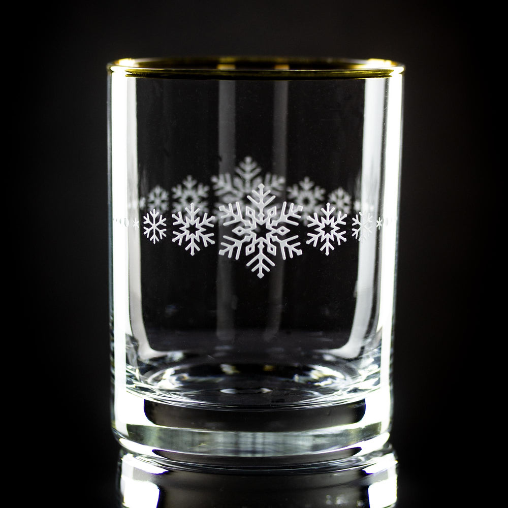 Snowflake Band Two-Sided Etched Gold-Rimmed Rocks Glass