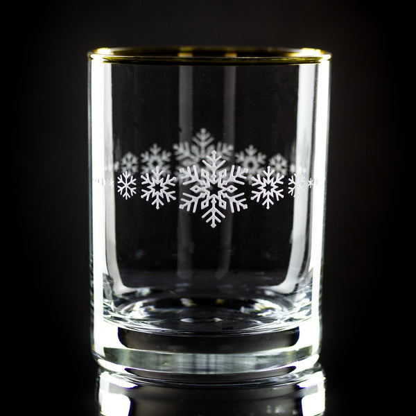 Snowflake Band Two-Sided Etched Gold-Rimmed Rocks Glass