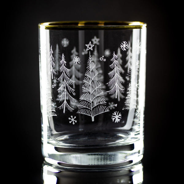 Winter Trees Wrap Etched Gold-Rimmed Rocks Glass