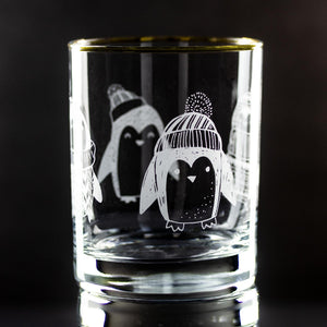 Whimsical Penguins Wrap Etched Gold-Rimmed Rocks Glass