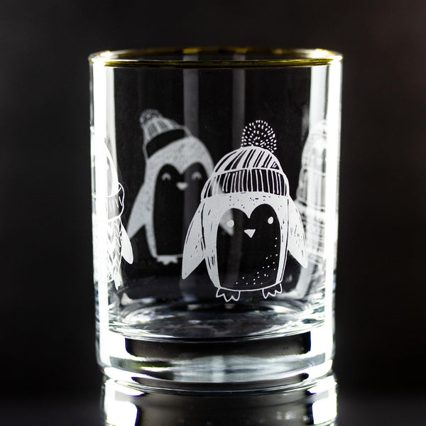 Whimsical Penguins Wrap Etched Gold-Rimmed Rocks Glass