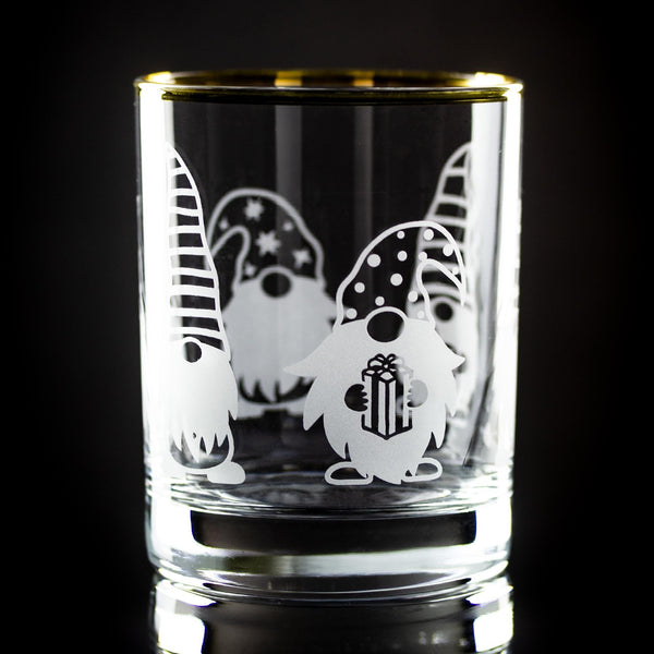 Christmas Gnomes Wrap Etched Gold-Rimmed Rocks Glass