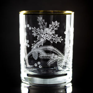 Holly & Pine Wrap Etched Gold-Rimmed Rocks Glass