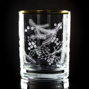 Holly & Pine Wrap Etched Gold-Rimmed Rocks Glass