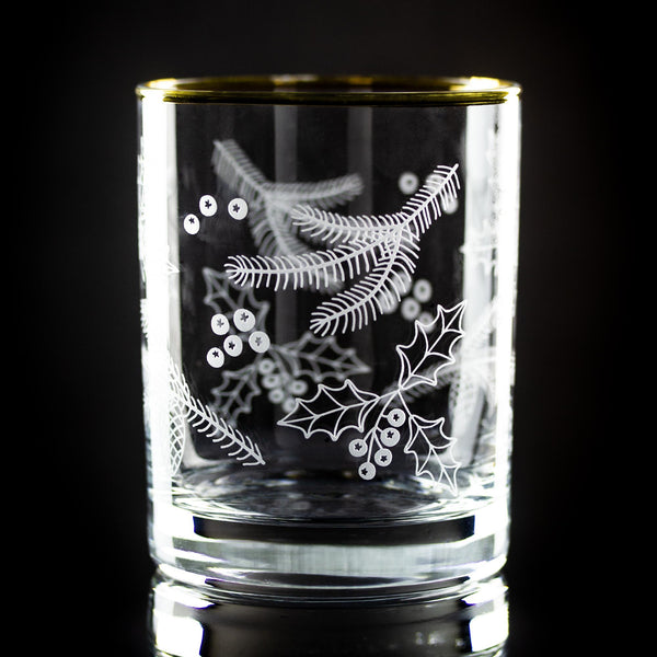 Holly & Pine Wrap Etched Gold-Rimmed Rocks Glass