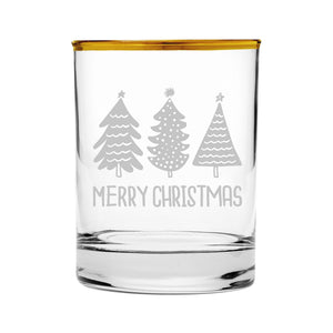 Merry Christmas Trees Etched Gold-Rimmed Rocks Glass