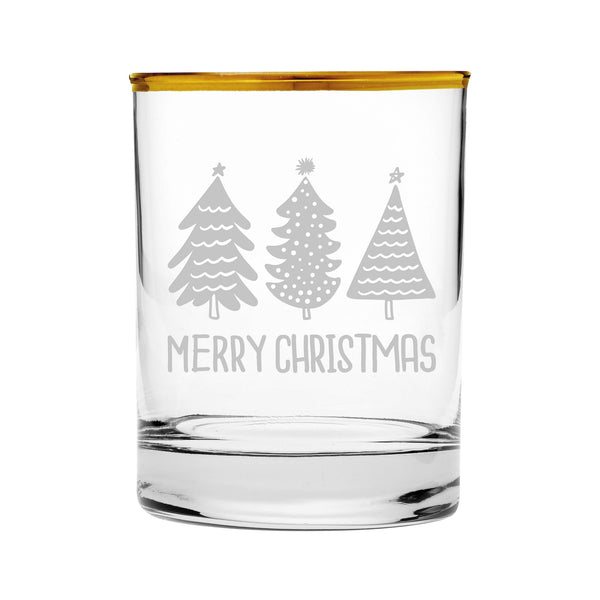 Merry Christmas Trees Etched Gold-Rimmed Rocks Glass