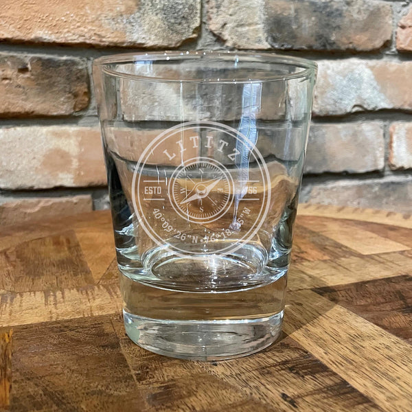 Circle Compass Lat Long (Personalized) Etched Rocks Glass