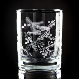 Holly & Pine Wrap Etched Rocks Glass