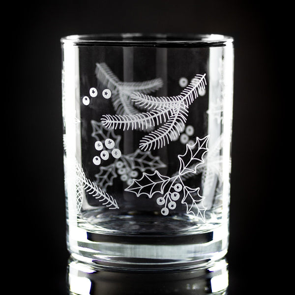 Holly & Pine Wrap Etched Rocks Glass