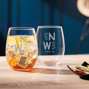 Caps Lat Long  (Personalized) Etched Stemless Wine Glass