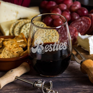 Besties Etched Stemless Wine Glass