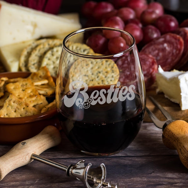 Besties Etched Stemless Wine Glass
